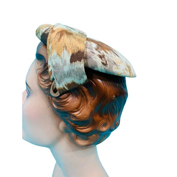 Vintage 1950s Floral Cap Brown Printed Round Hat - Picture 9 of 10